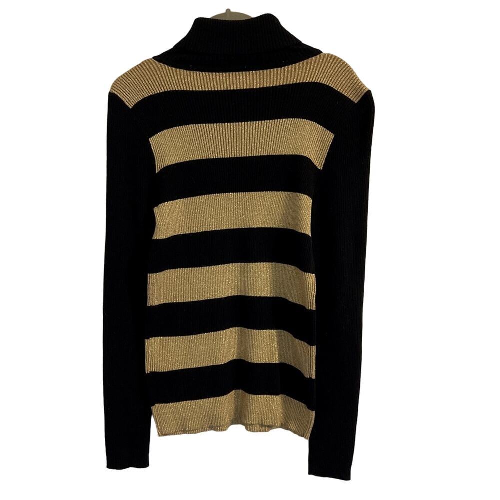 Lauren Ralph Lauren Sweater Women's Medium Black & Metallic Gold Striped Ribbed - Picture 2 of 6